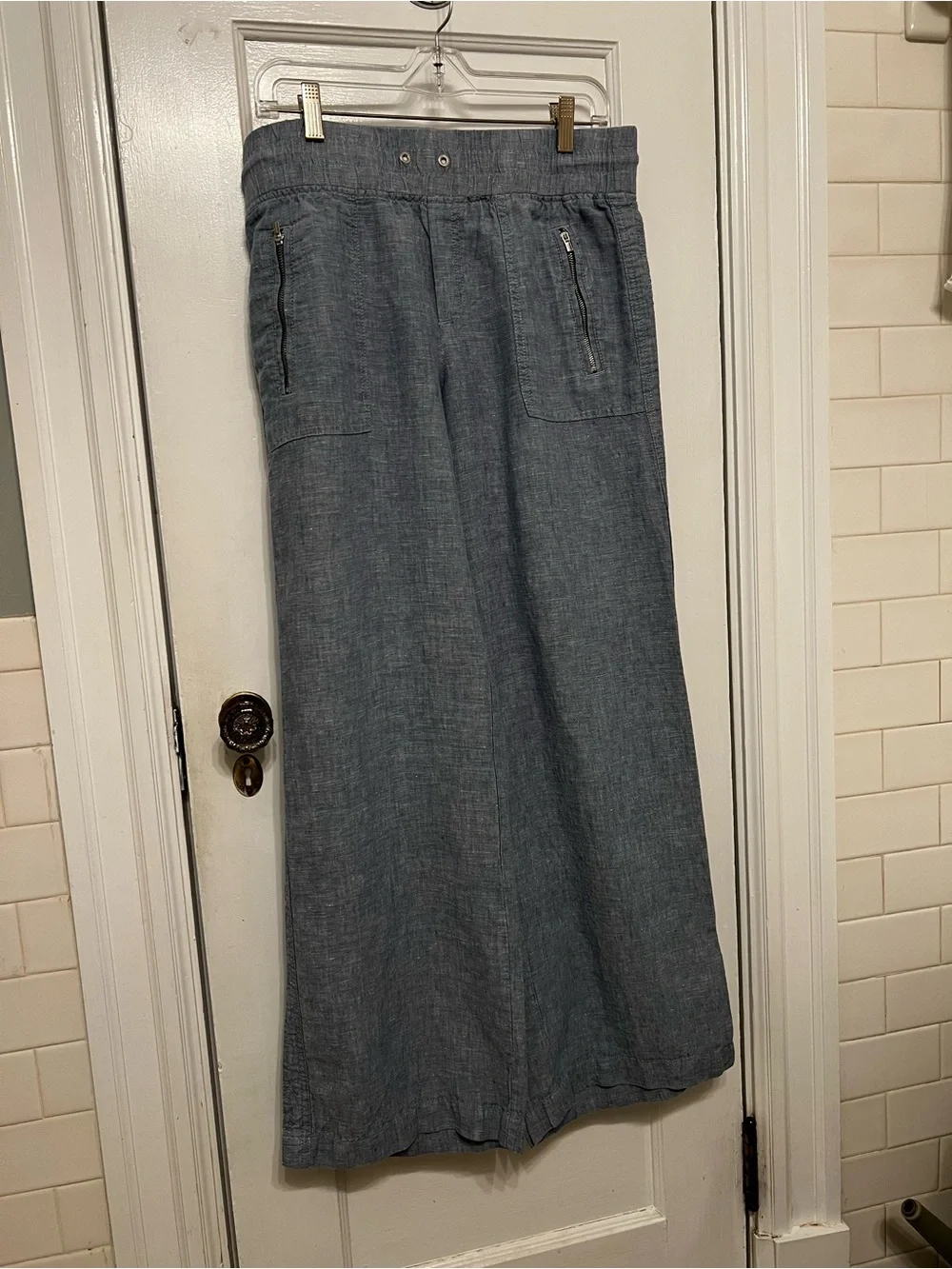 Athleta Cabo 100% Linen Wide-Leg Drawstring Pants in Chambray Blue - Picture 2 of 8